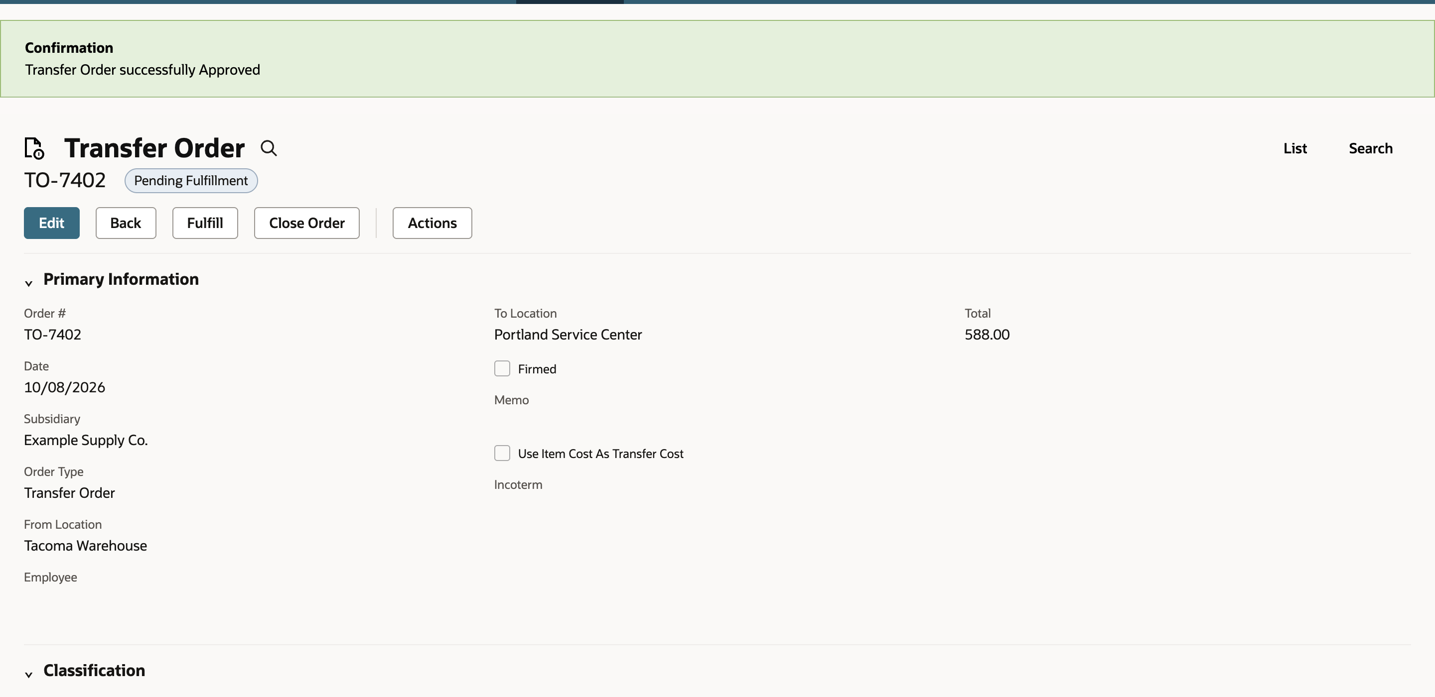 Transfer order TO-7402 after approval, with a success confirmation and status Pending Fulfillment.