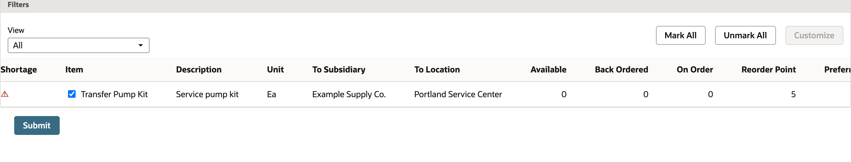 The selected Transfer Pump Kit shortage row for Portland Service Center, with Available 0, Back Ordered 0, On Order 0, and Reorder Point 5.