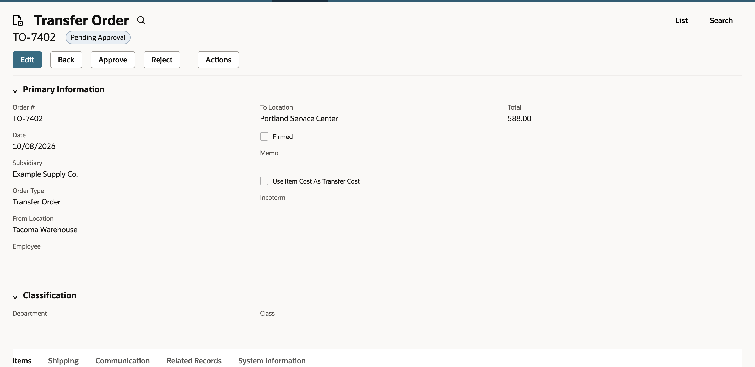 Transfer order TO-7402 with status Pending Approval and Approve and Reject actions.