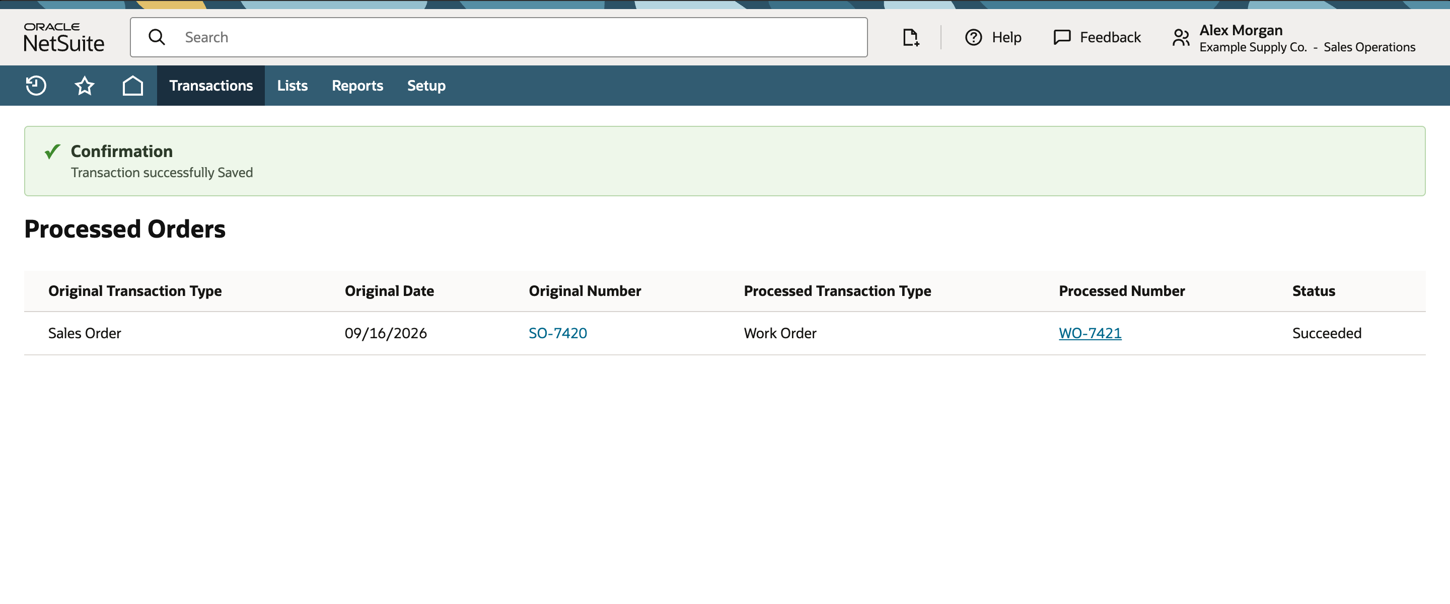 Processed Orders result showing Sales Order SO-7420 generated Work Order WO-7421 with Succeeded status