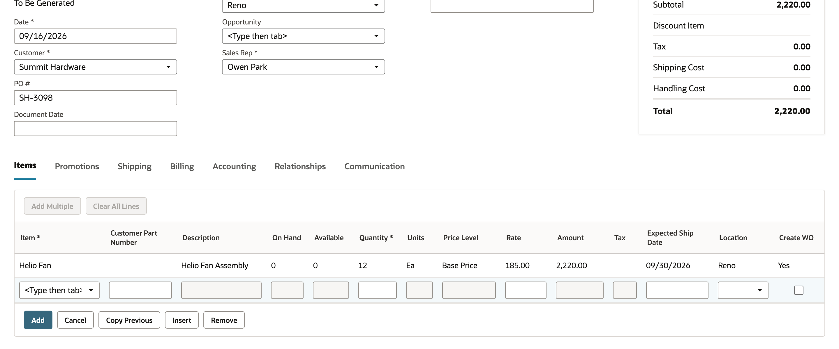 Sales Order item row for twelve Helio Fans at Reno with September 30 expected ship date and Create WO selected