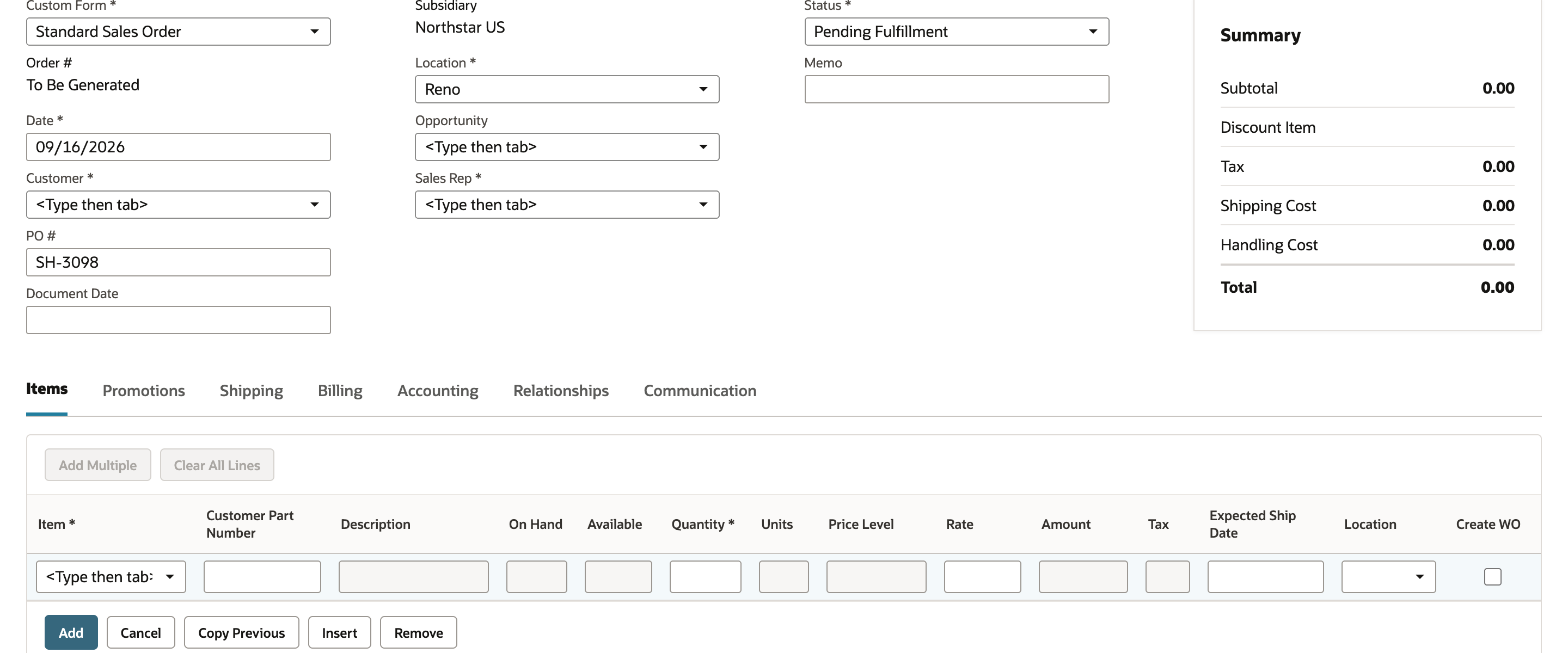 New NetSuite Sales Order with customer and location fields and an empty item-entry row