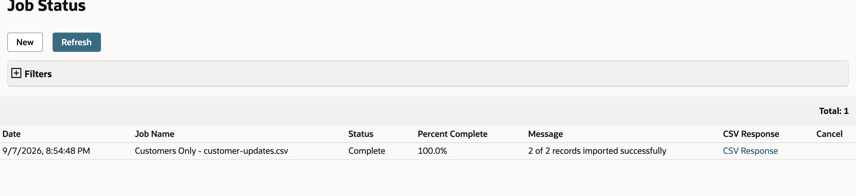 The job completes with both customer records imported successfully.