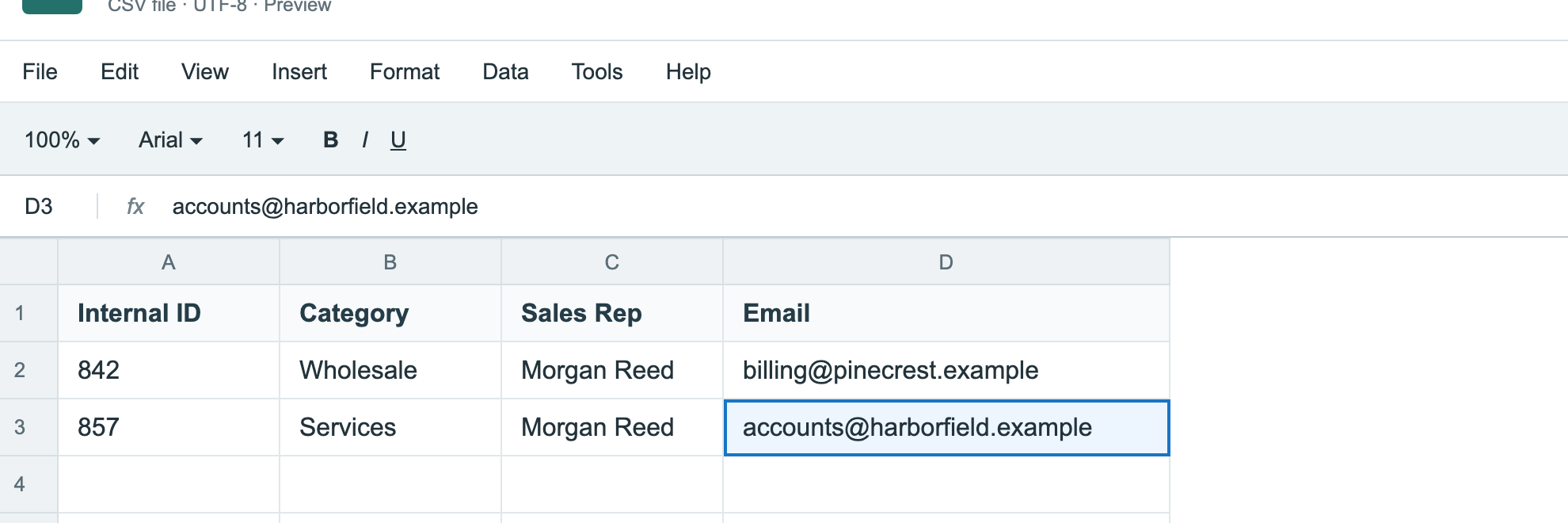 The CSV preserves both Internal IDs and supplies only the intended updates.