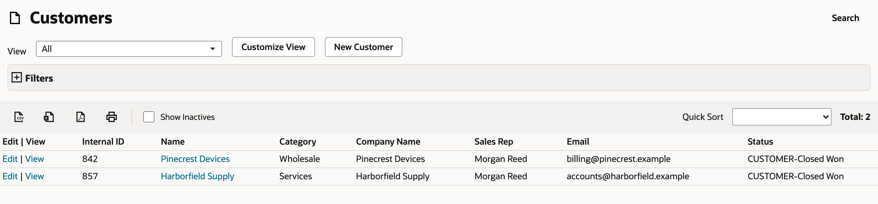 The original two customers now show the intended category, sales rep, and email.
