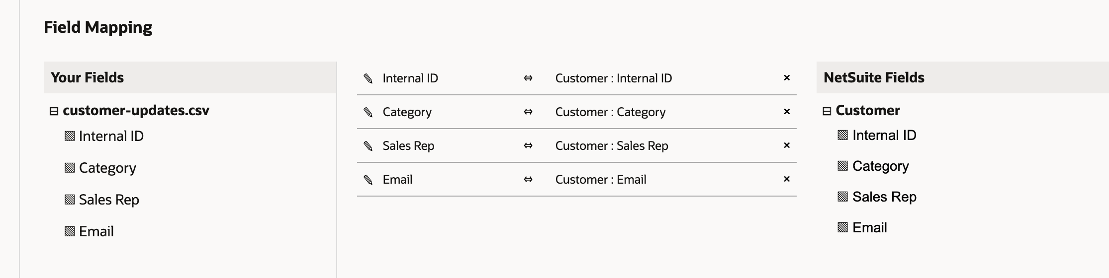 All four CSV columns map to the corresponding Customer fields.
