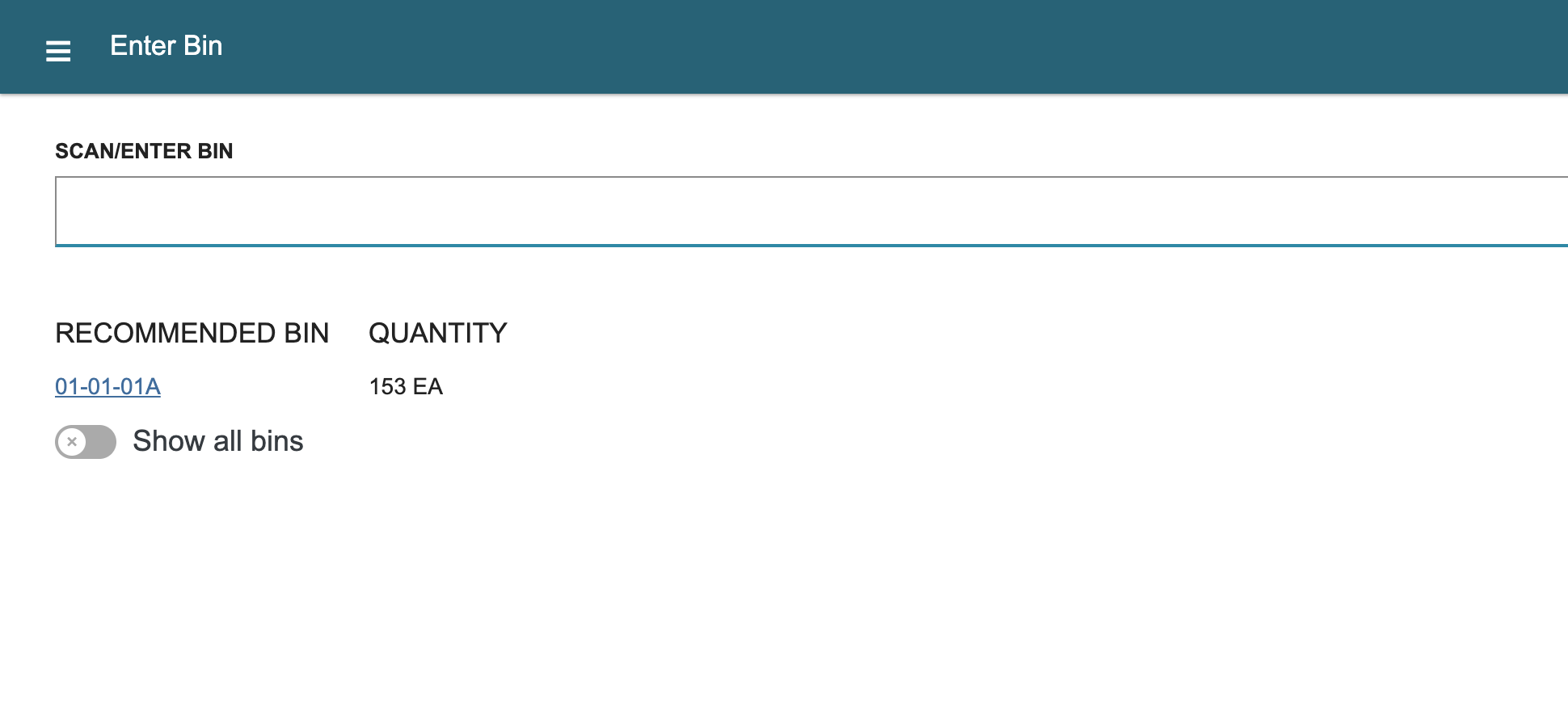 WMS Mobile Enter Bin page recommending 01-01-01A with 153 EA available