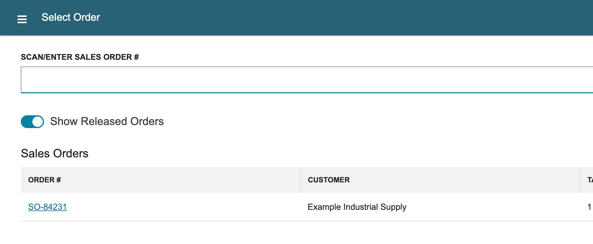 WMS Mobile Select Order page with Show Released Orders on and SO-84231 listed