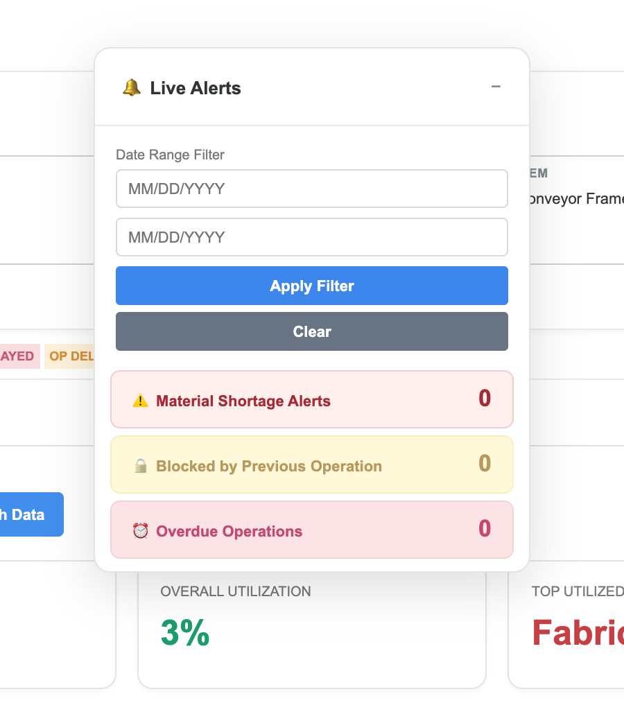 Live Alerts widget with empty date inputs and zero counts before filtering.