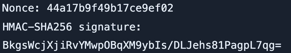 A fresh local request generates a different nonce and HMAC-SHA256 signature using fictional credentials.