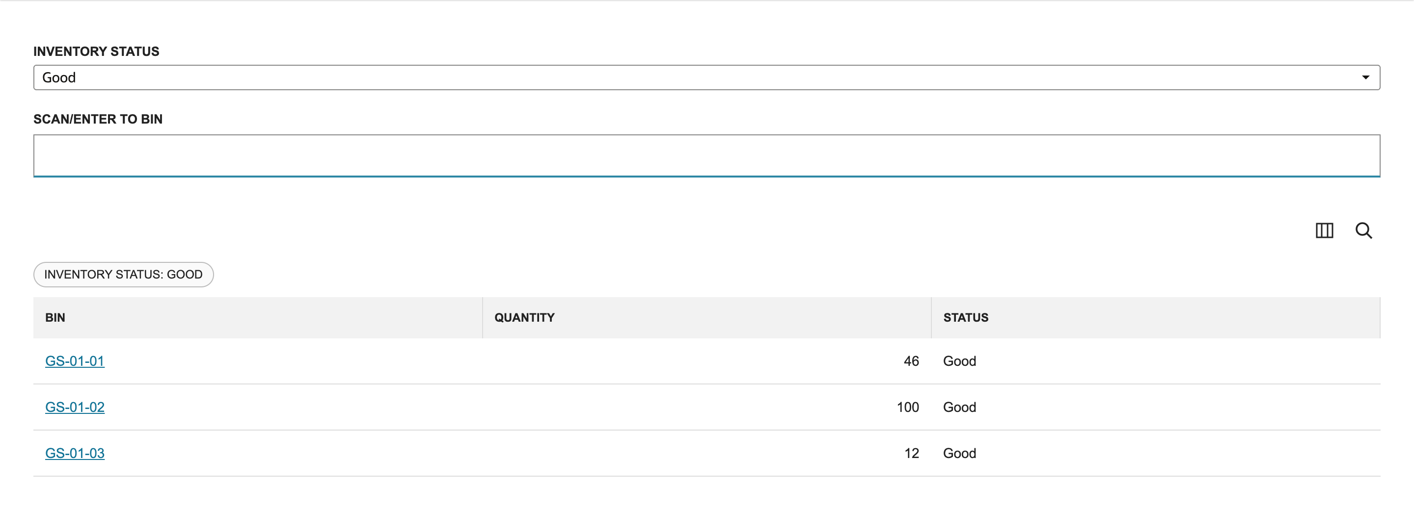 Enter To Bin for FST-210 listing the bins GS-01-01 with 46, GS-01-02 with 100 and GS-01-03 with 12, all with the status Good.