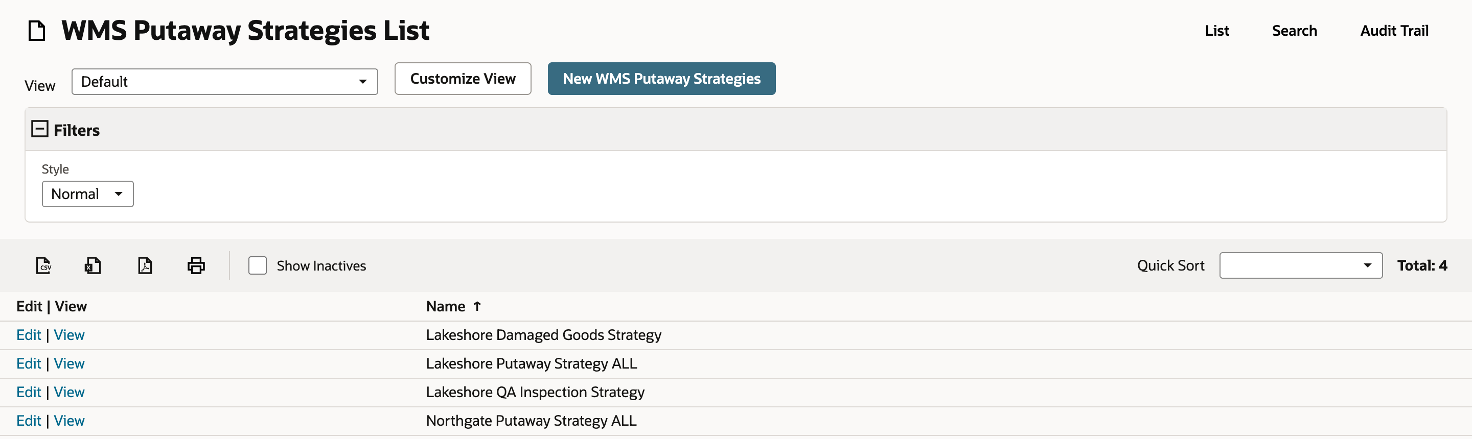 WMS Putaway Strategies List with four strategies, including Lakeshore Putaway Strategy ALL, and the New WMS Putaway Strategies button.