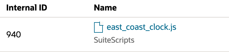 The local File Cabinet identifies east_coast_clock.js, file 940. No account upload or deployment occurs.