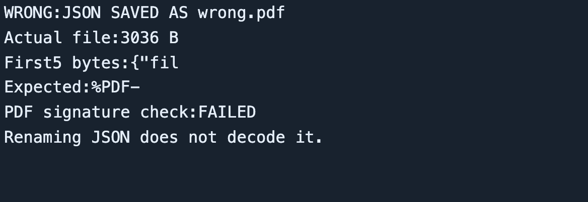 The actual wrong.pdf contains JSON and fails the PDF signature check.