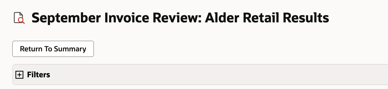 The top of September Invoice Review: Alder Retail Results with the Return To Summary button below the title.