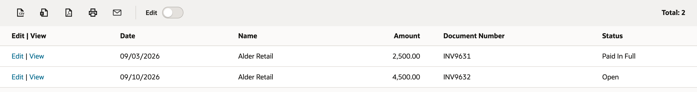 The Alder Retail results toolbar and rows. An arrow points to Total: 2. The Amount column shows 2,500.00 and 4,500.00.