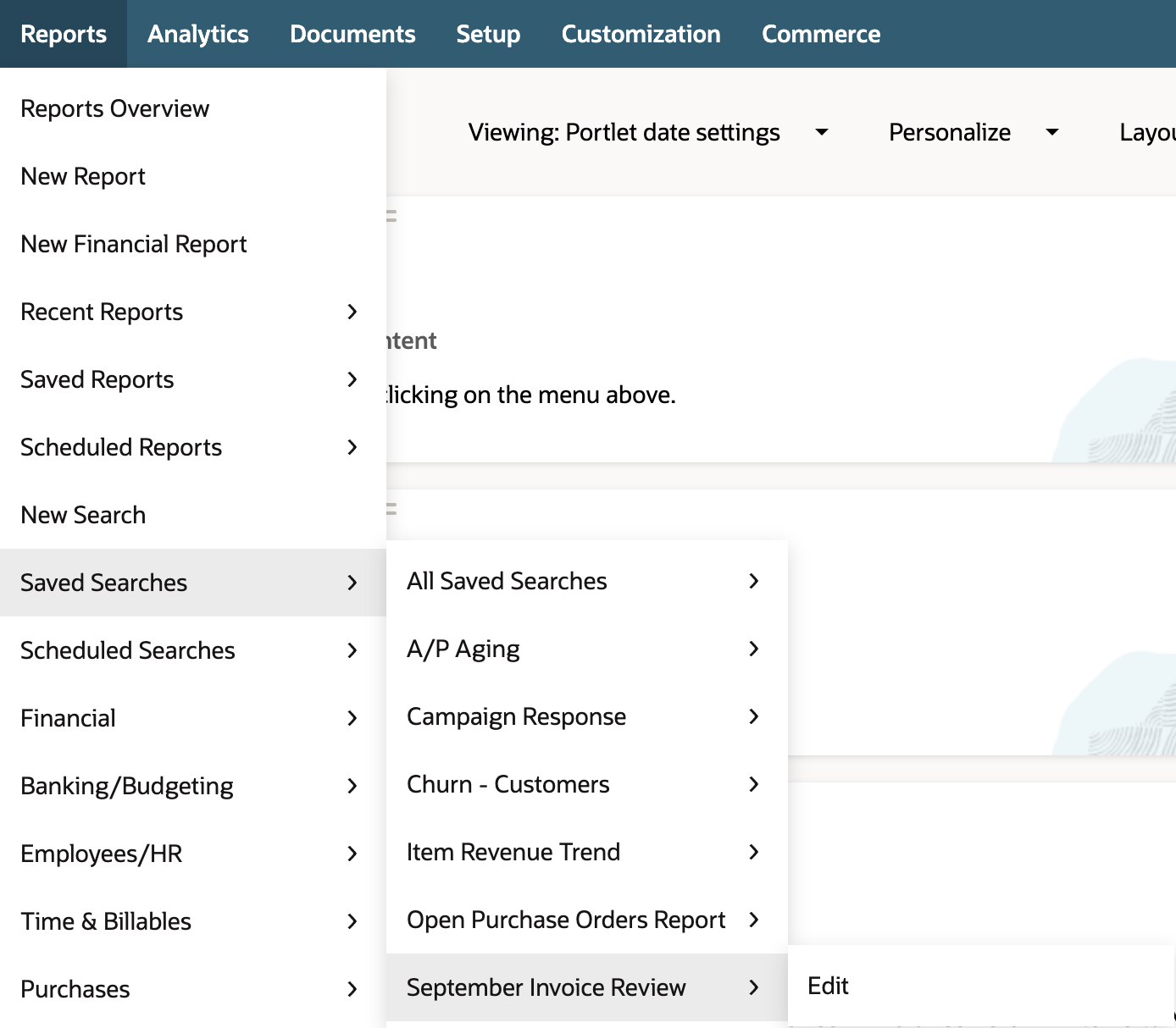 Reports > Saved Searches is open. The flyout lists All Saved Searches, A/P Aging, Campaign Response, Churn - Customers, Item Revenue Trend, Open Purchase Orders Report, and September Invoice Review, which is highlighted.