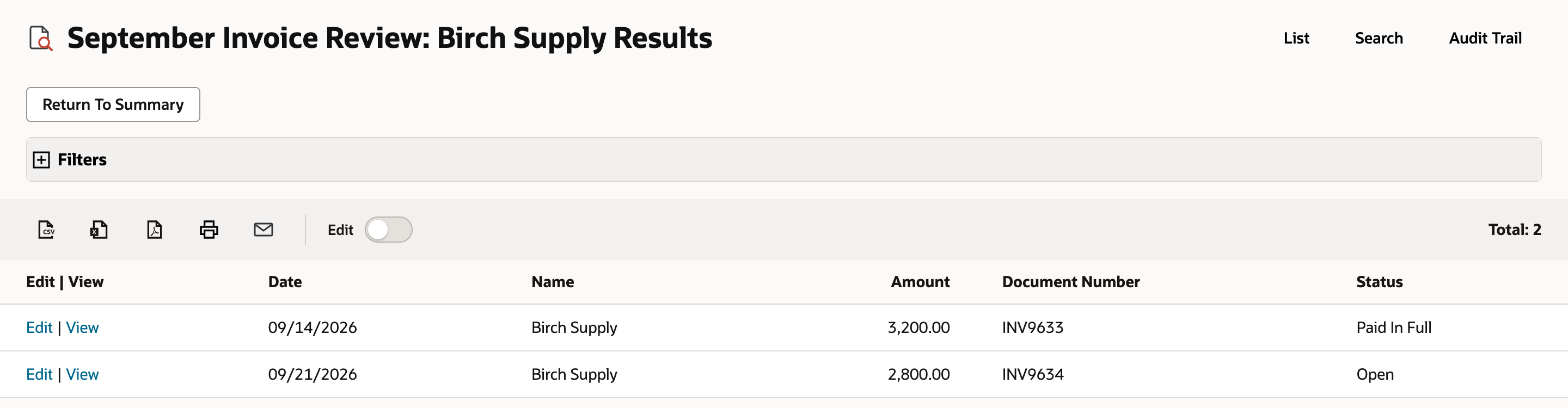 September Invoice Review: Birch Supply Results with Total: 2. INV9633 dated 09/14/2026 is 3,200.00, Paid In Full. INV9634 dated 09/21/2026 is 2,800.00, Open.