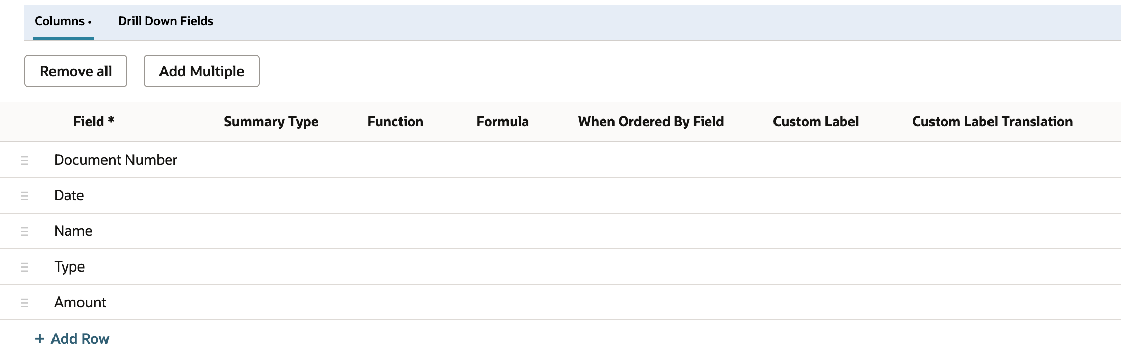 The Results subtab Columns sublist lists Document Number, Date, Name, Type, and Amount.