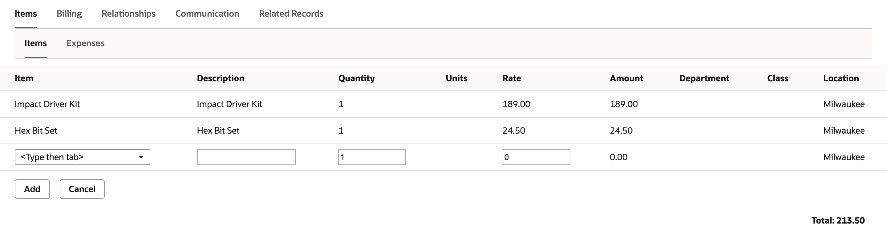 The new invoice's Items sublist with Impact Driver Kit at 189.00 and Hex Bit Set at 24.50, and Total: 213.50.