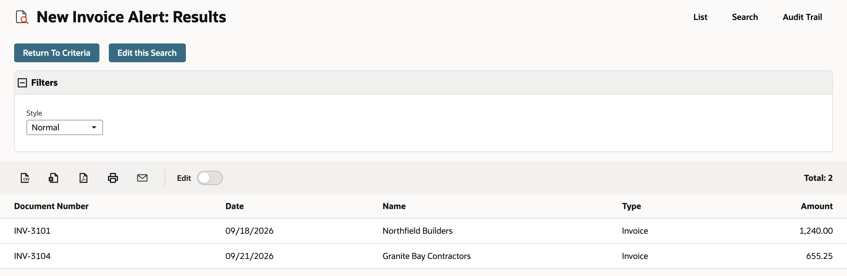 New Invoice Alert: Results showing Total: 2 with INV-3101 for Northfield Builders and INV-3104 for Granite Bay Contractors.