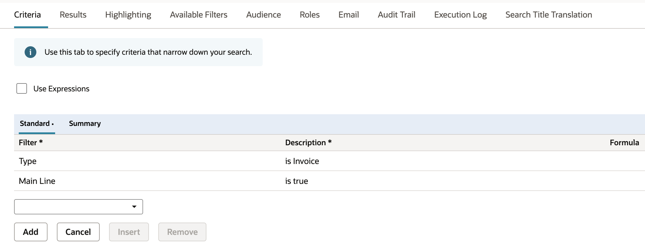 The Criteria subtab, Standard criteria: Type is Invoice and Main Line is true.