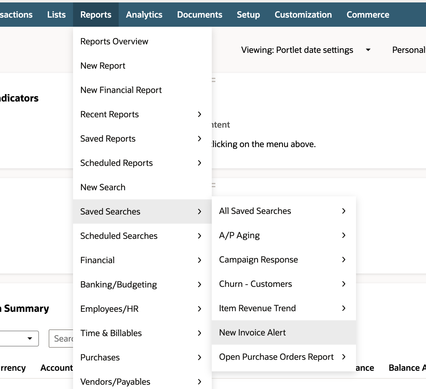 The Reports menu open at Saved Searches, with New Invoice Alert in the submenu below Item Revenue Trend.