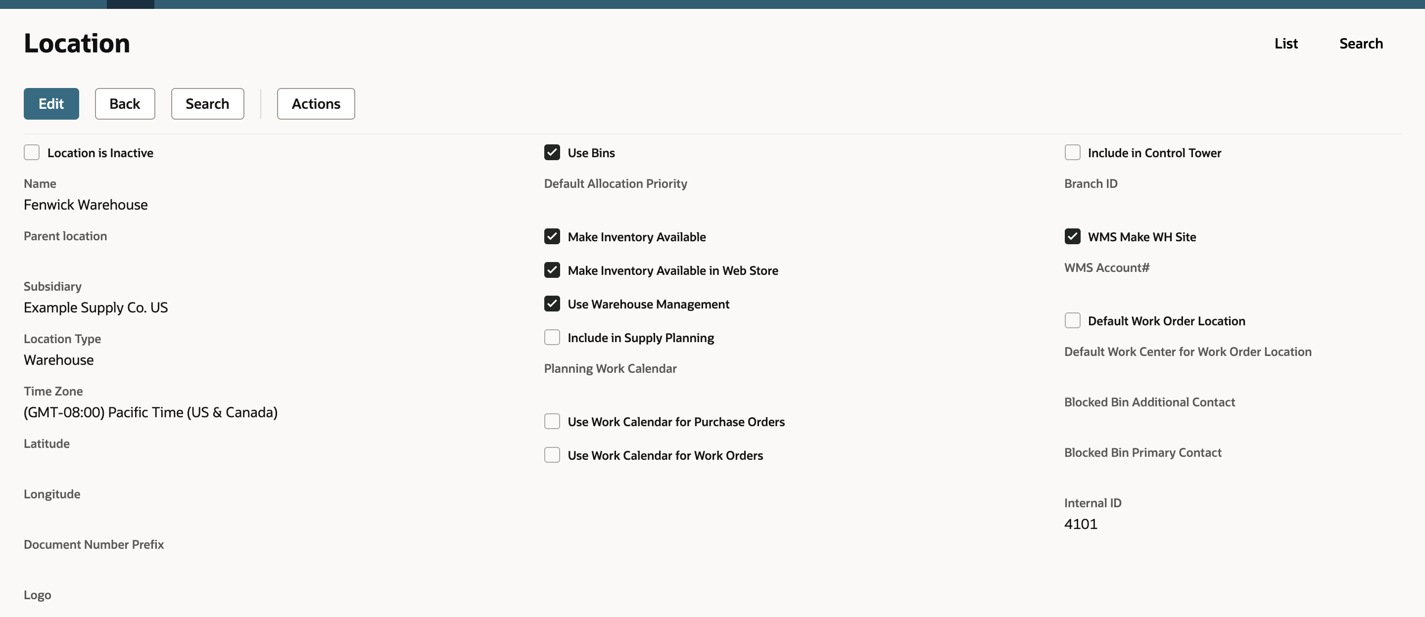 The saved Location with Use Warehouse Management and WMS Make WH Site checked, the Internal ID, and an arrow pointing at WMS Make WH Site.