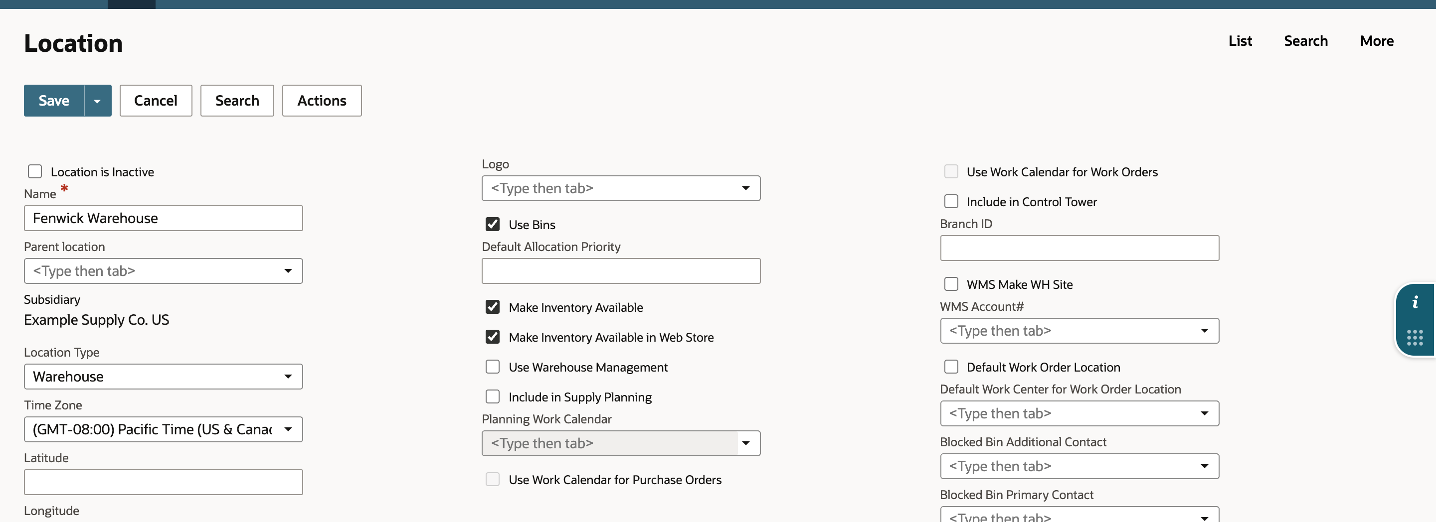 The Location form for Fenwick Warehouse with Use Bins and Make Inventory Available checked and Use Warehouse Management and WMS Make WH Site unchecked.