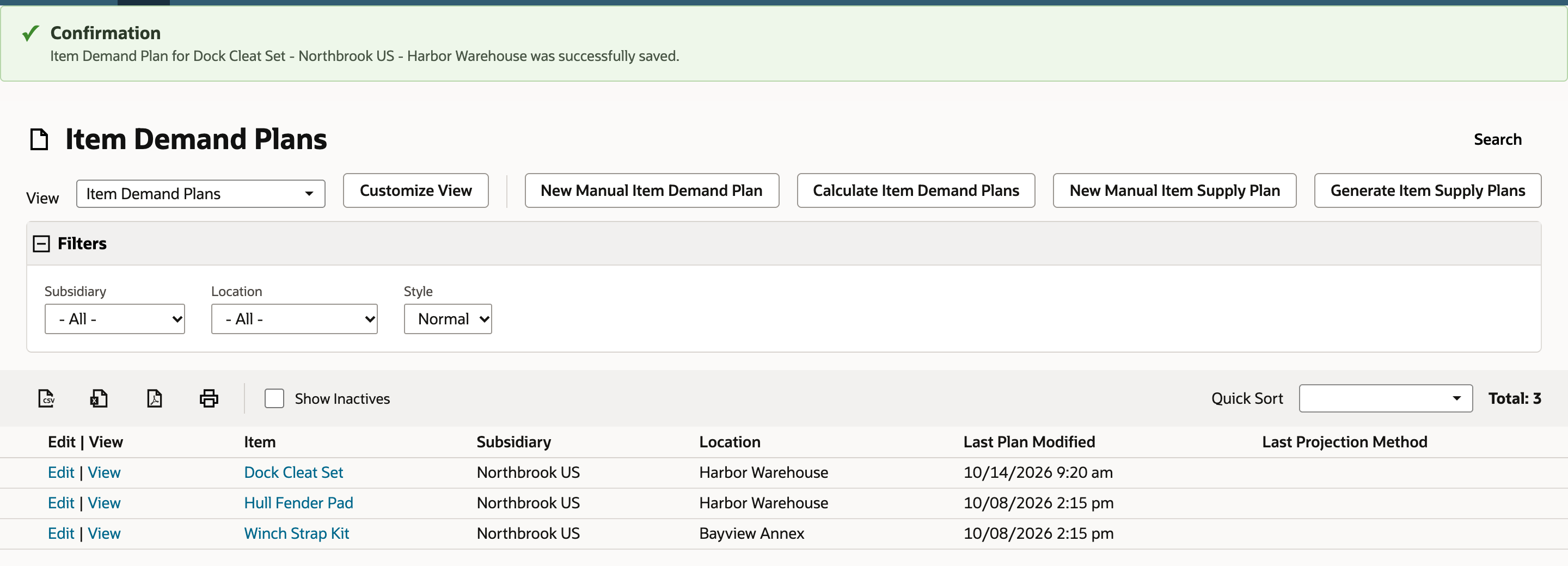 Item Demand Plans shows a confirmation and a new Dock Cleat Set row at Harbor Warehouse with an empty Last Projection Method.