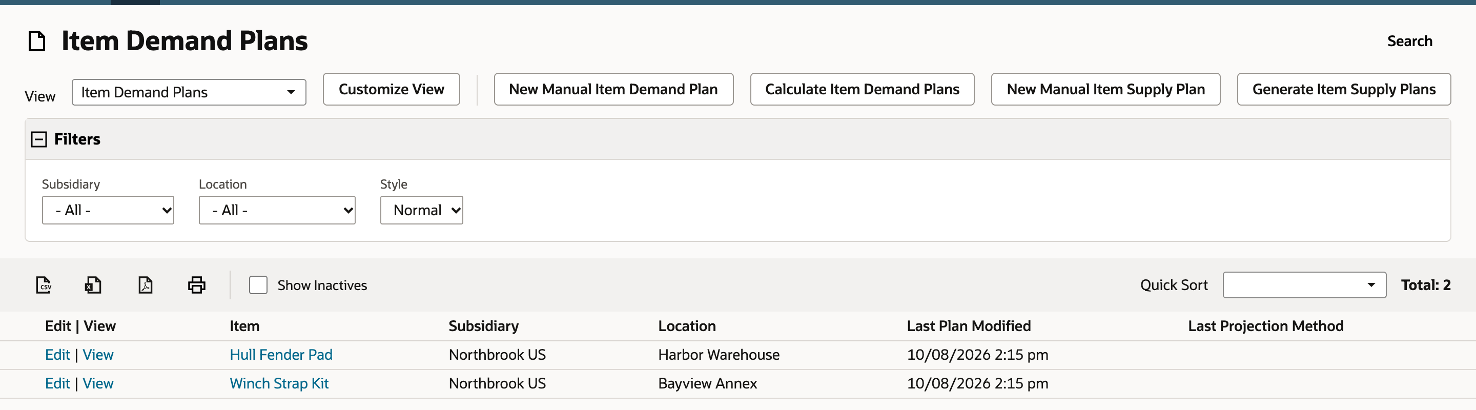 Item Demand Plans lists Hull Fender Pad and Winch Strap Kit; an arrow points at the New Manual Item Demand Plan button.