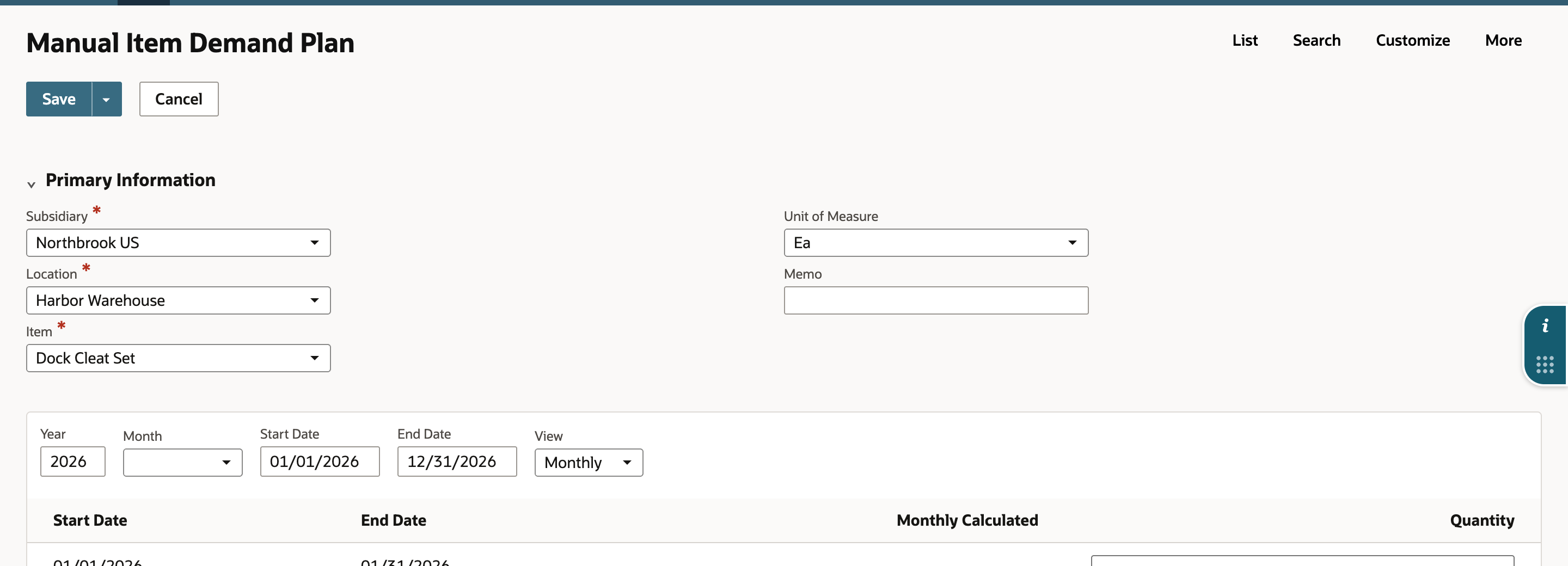 The Manual Item Demand Plan form with Northbrook US, Harbor Warehouse and Dock Cleat Set selected and the Demand grid showing months.