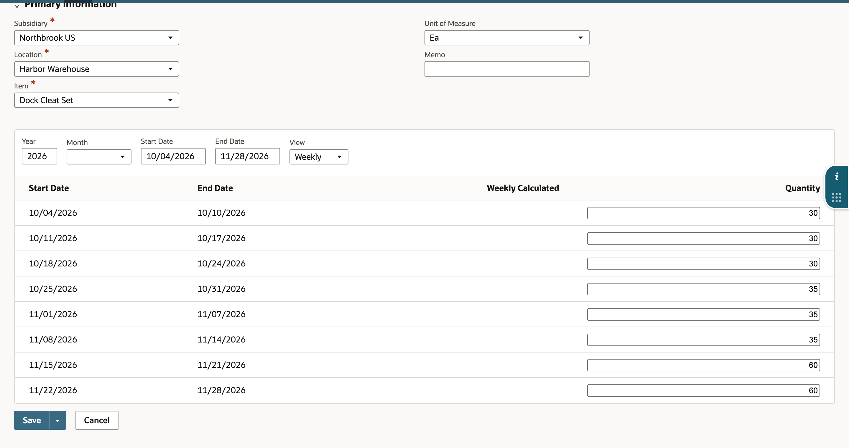 The weekly Demand grid for 10/04/2026 through 11/28/2026 with quantities 30, 30, 30, 35, 35, 35, 60 and 60 typed in.