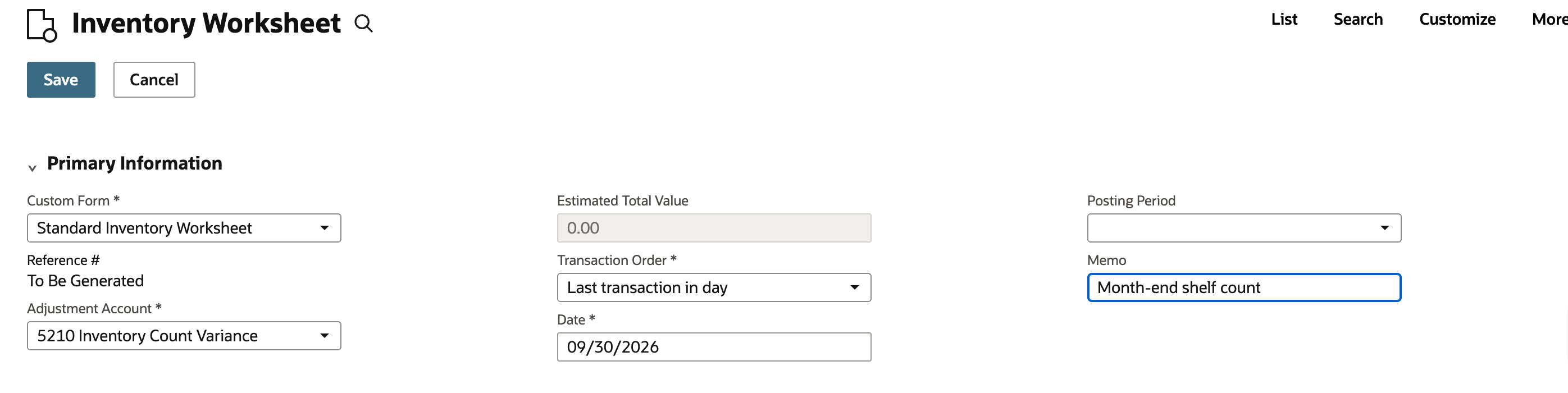 Inventory Worksheet header with Adjustment Account 5210 Inventory Count Variance, Transaction Order Last transaction in day, Date 09/30/2026 and Memo Month-end shelf count