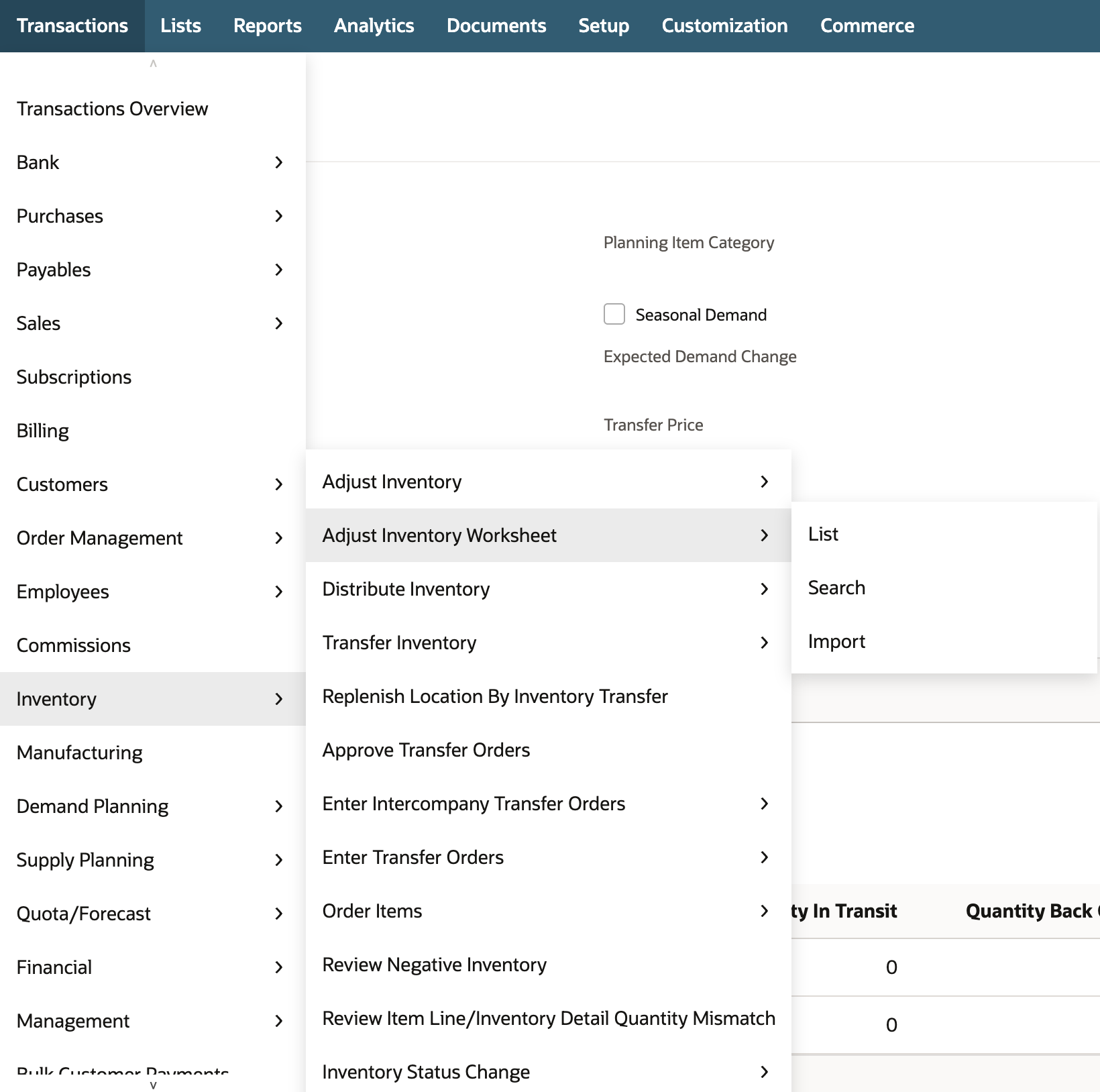NetSuite Transactions menu open with Inventory and then Adjust Inventory Worksheet highlighted, next to Adjust Inventory