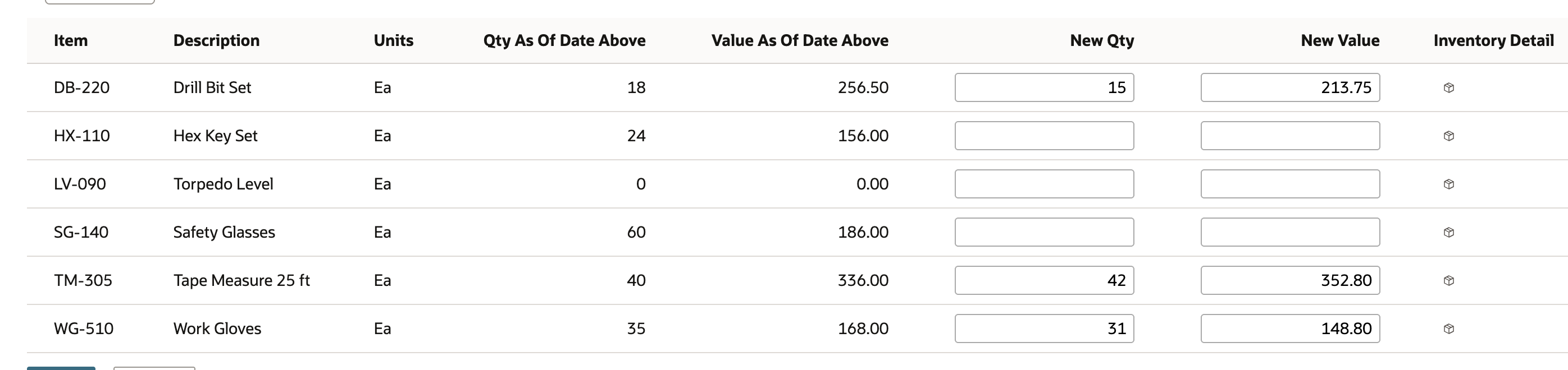 Adjustments grid with New Qty 15, 42 and 31 for DB-220, TM-305 and WG-510, New Value 213.75, 352.80 and 148.80, and blank New Qty for HX-110, LV-090 and SG-140