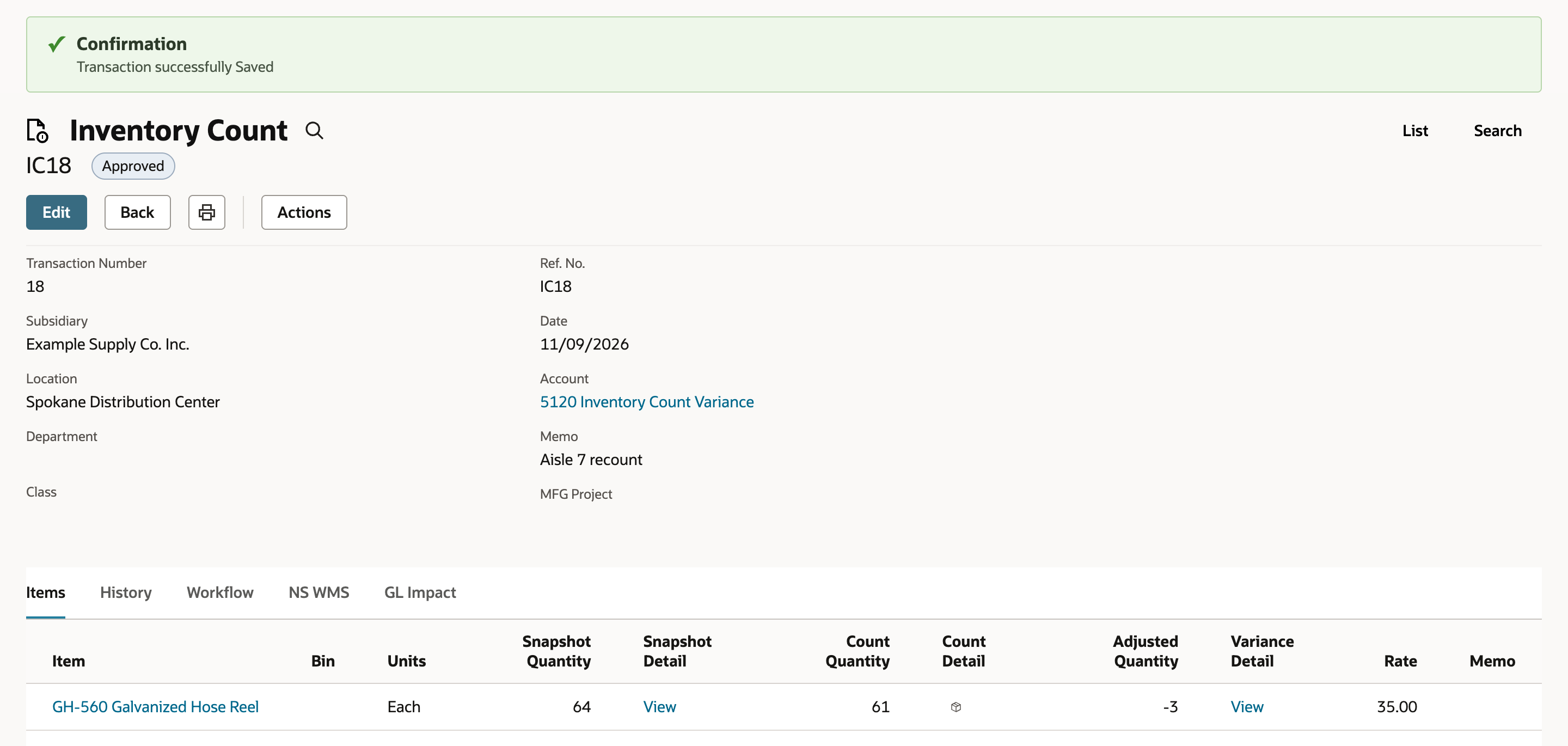 A Transaction successfully Saved confirmation above Inventory Count IC18, now Approved, with the line still showing Snapshot Quantity 64, Count Quantity 61 and Adjusted Quantity -3.