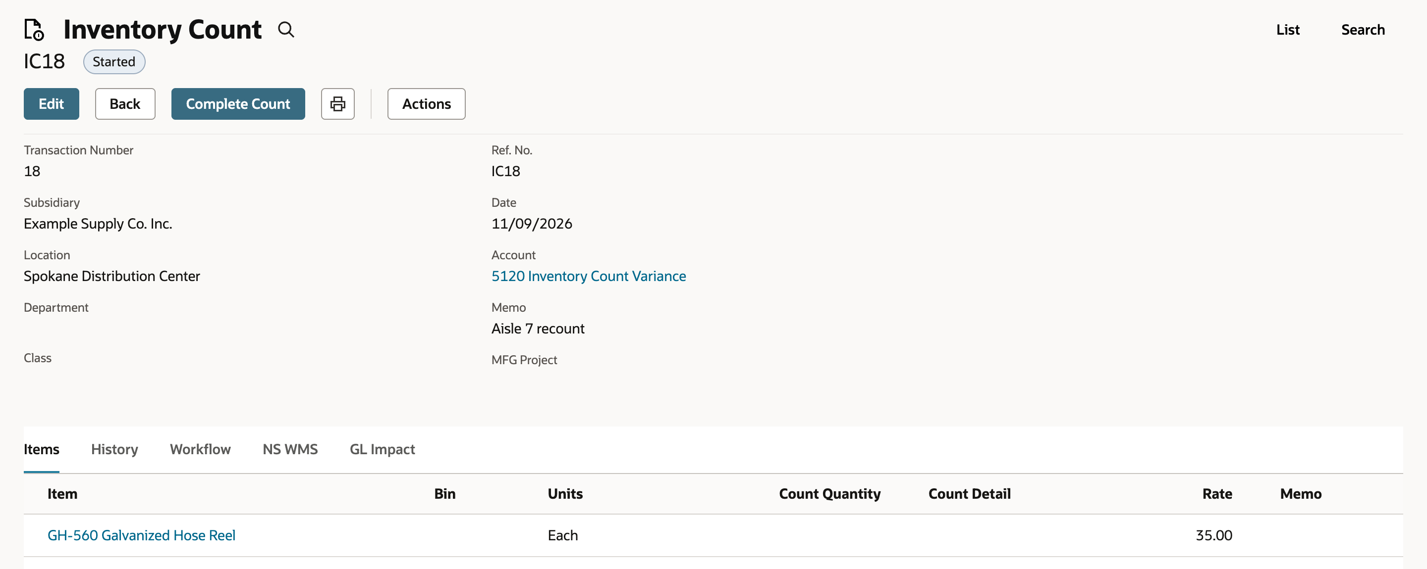 Inventory Count IC18 with status Started and a Complete Count button in place of Start Count.