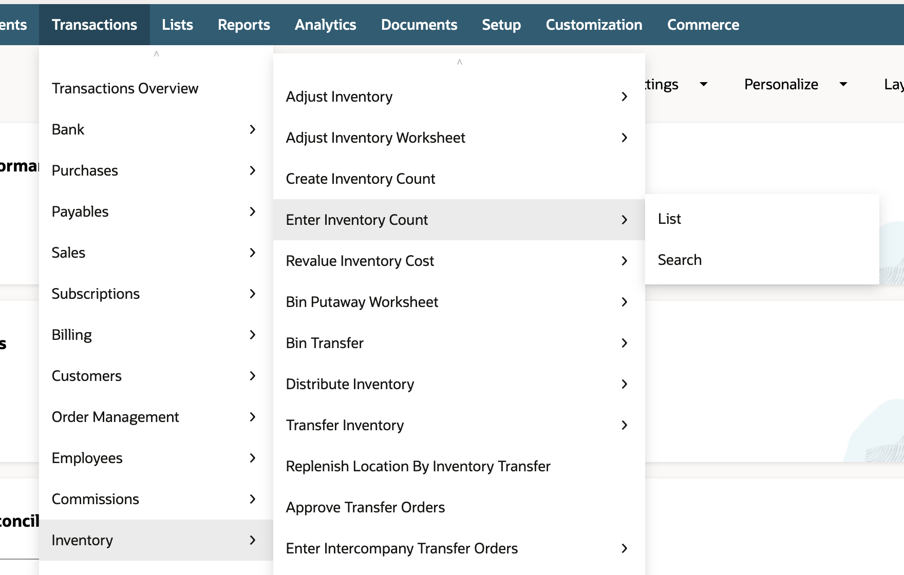 The Transactions menu open at Inventory, with Enter Inventory Count highlighted below Create Inventory Count. An arrow points to Enter Inventory Count.