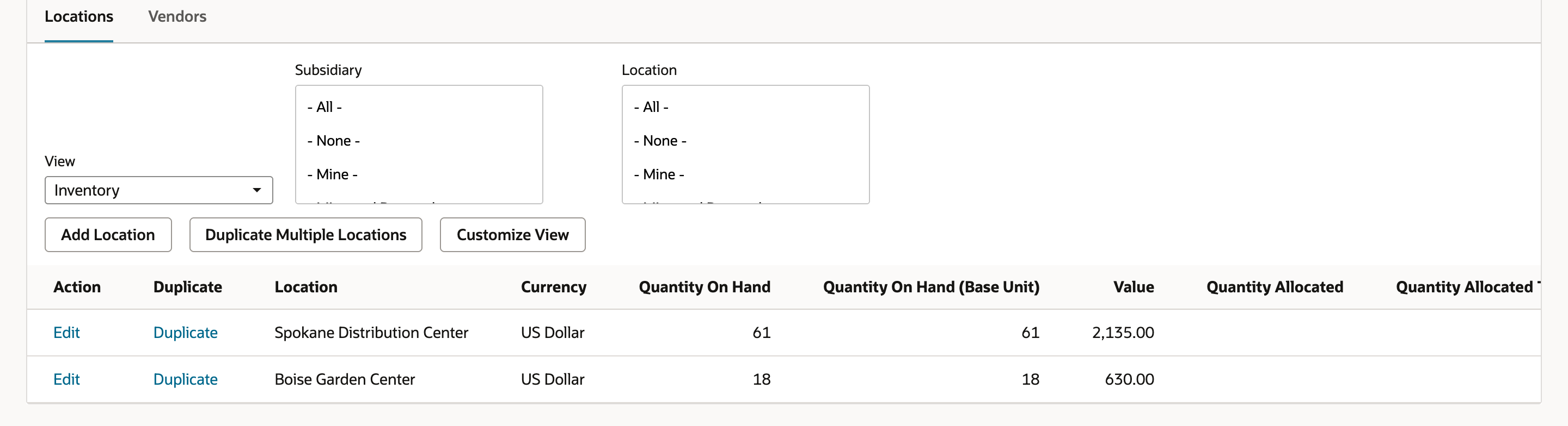 The item's Locations list in the Inventory view. Spokane Distribution Center shows Quantity On Hand 61 and Value 2,135.00; Boise Garden Center shows 18 and 630.00.