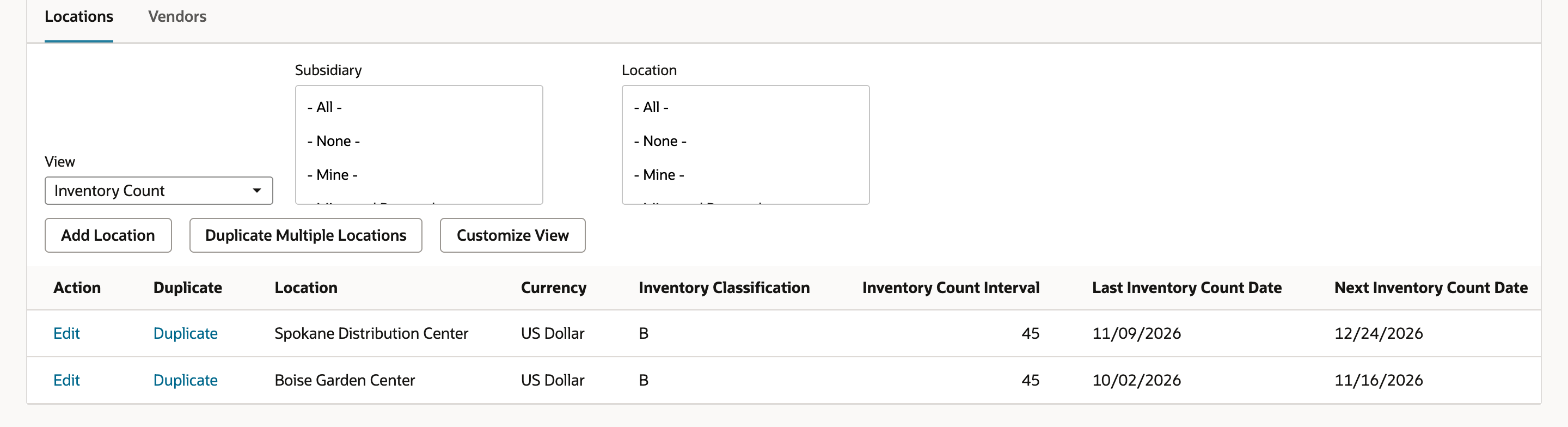 The item's Locations list in the Inventory Count view. Spokane Distribution Center shows Inventory Classification B, Inventory Count Interval 45, Last Inventory Count Date 11/09/2026 and Next Inventory Count Date 12/24/2026.