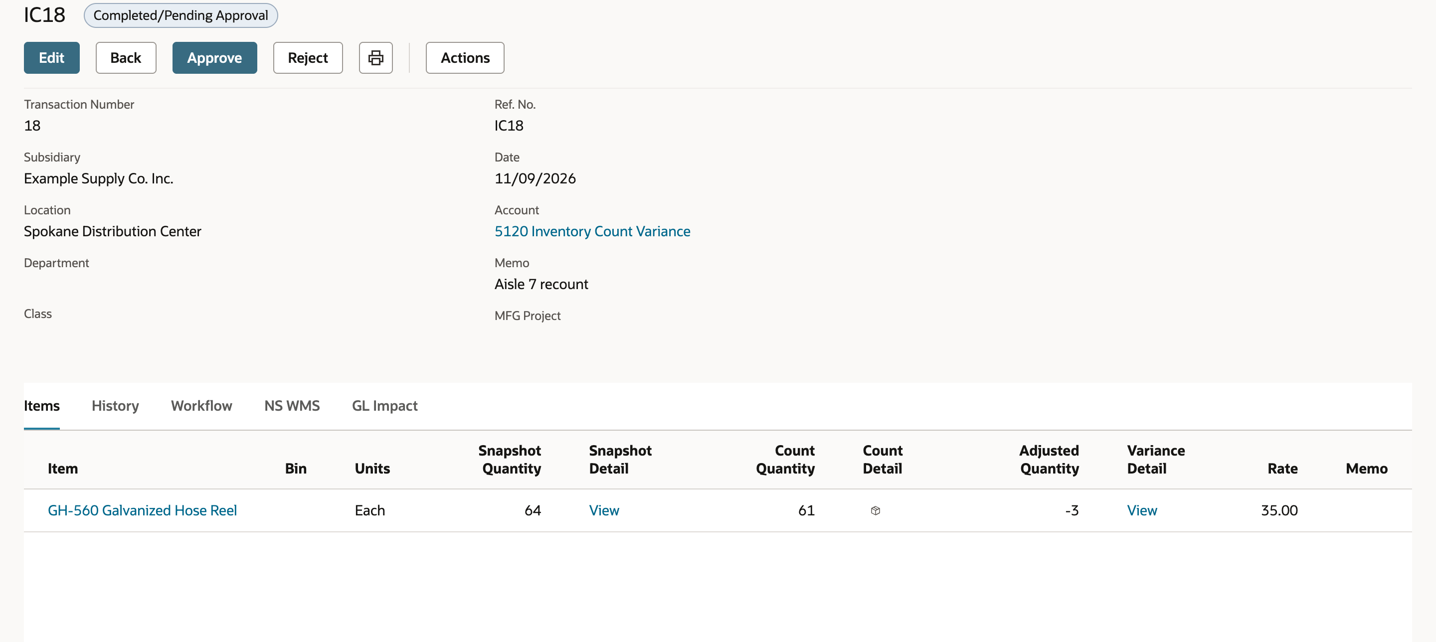 Inventory Count IC18 with status Completed/Pending Approval and Approve and Reject buttons. The GH-560 line shows Snapshot Quantity 64, Count Quantity 61, Adjusted Quantity -3 and Rate 35.00. An arrow points to Adjusted Quantity -3.