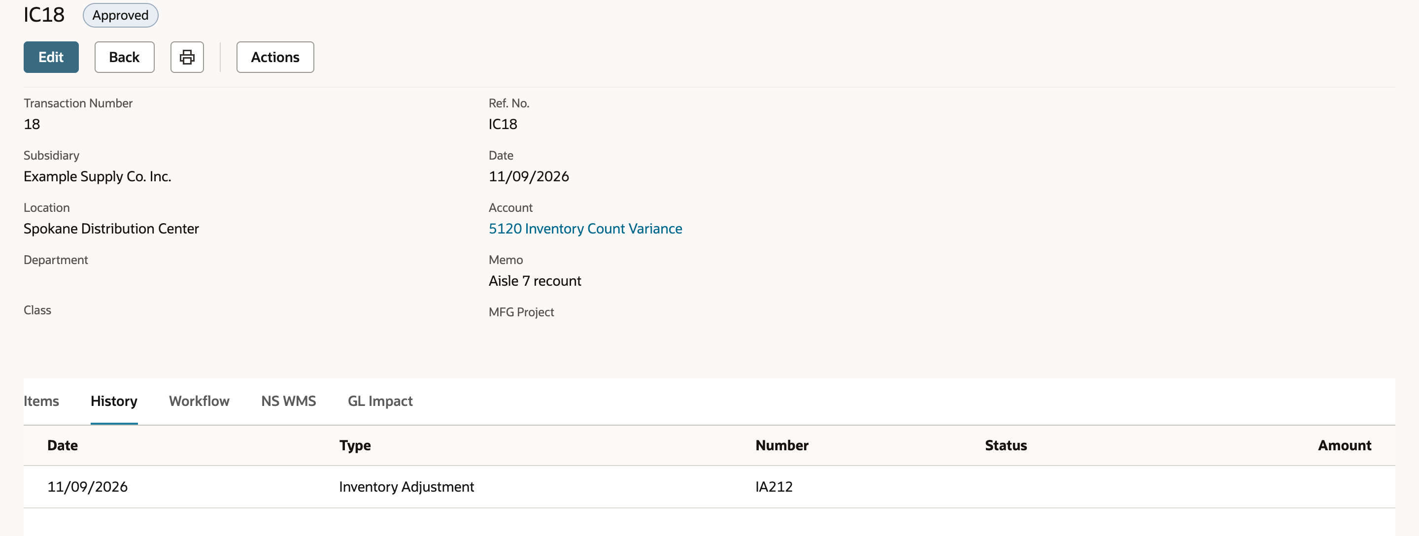 The History subtab of approved Inventory Count IC18 with one row: Date 11/09/2026, Type Inventory Adjustment, Number IA212.