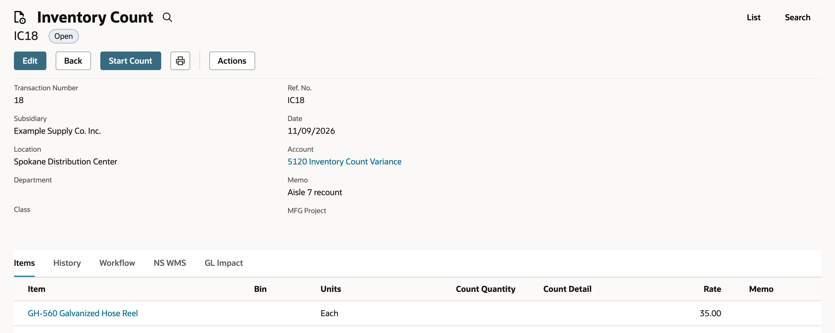 Saved Inventory Count IC18 with status Open and a Start Count button. The Items subtab lists GH-560 Galvanized Hose Reel with Units Each, an empty Count Quantity and Rate 35.00.