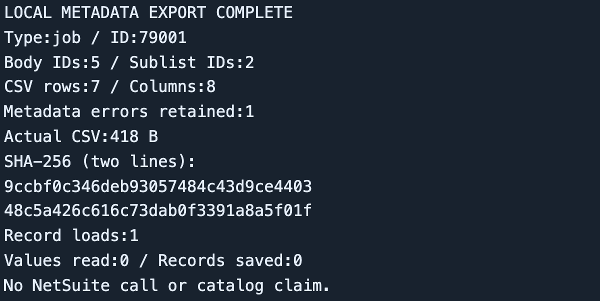The actual local export has seven rows, eight columns, 418 bytes and one retained metadata error.