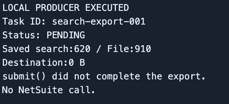 Submitted task search-export-001 is PENDING; its local destination remains 0 B.