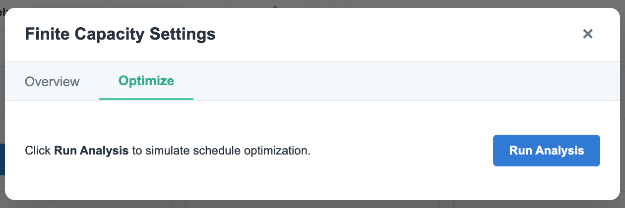 FactorySync Optimize tab with the Run Analysis button ready to calculate recommendations.