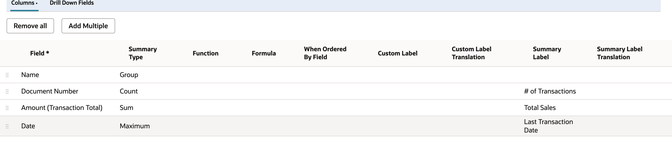 Results columns with Date set to Maximum and labelled Last Transaction Date below the Name, Document Number and Amount rows