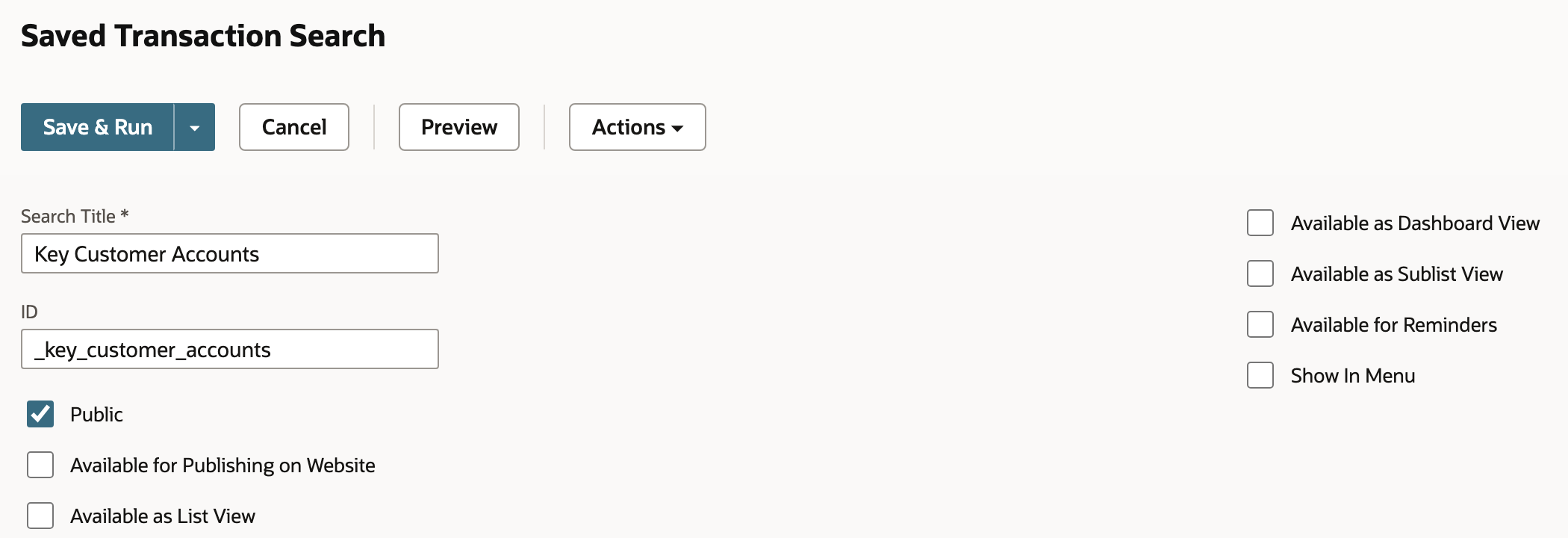 New Saved Transaction Search with Search Title Key Customer Accounts, ID _key_customer_accounts and Public checked