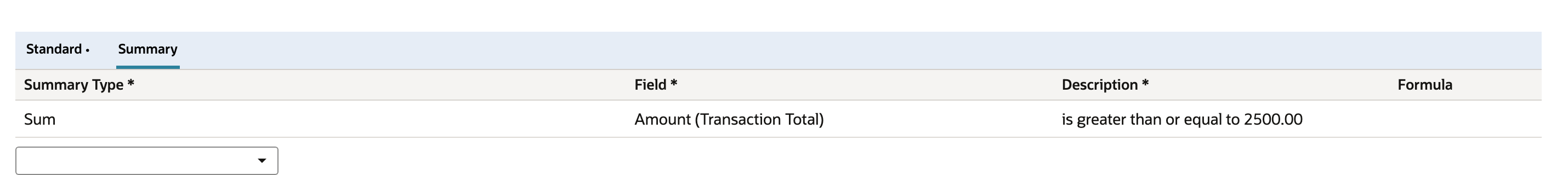 Criteria Summary subtab with the row Sum, Amount (Transaction Total), is greater than or equal to 2500.00